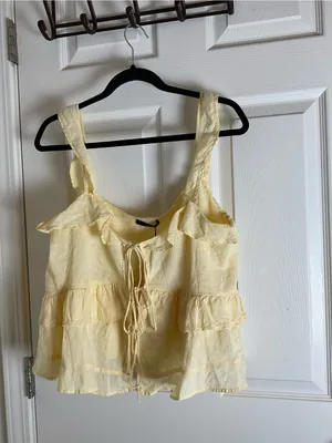 Zara Linen Blend Tiered Ruffle Cami Top Pastel Yellow M NWT Romantic Fairy thumbnail 2