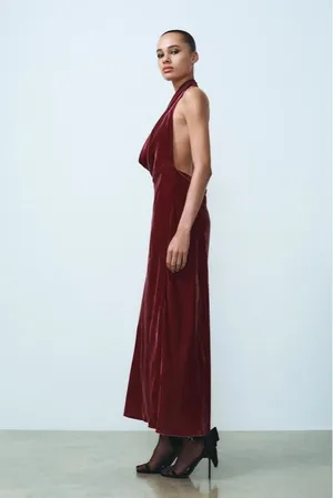 Zara maxi holiday dress velour Velvet Halter in Burgundy wedding party evening thumbnail 12