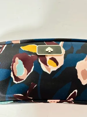Kate Spade Pencil/Makeup/Change Bag Navy BLK Beige Abstract Flowers NWT thumbnail 3