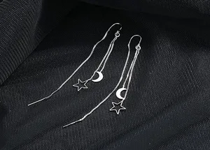 Silver Moon Star Threader Long Tassel Earring Chain, Drop Dangle Woman Earrings thumbnail 7