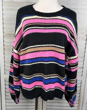 PROMESA Women's Bubble Sleeve Crewneck Striped Sweater-Medium thumbnail 1