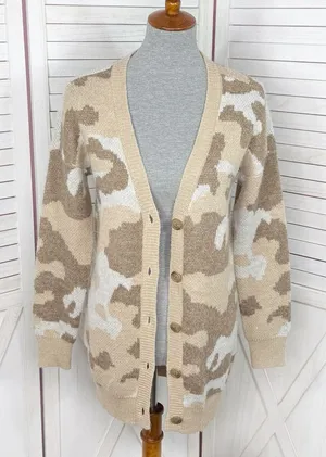 Lucky Brand Dessert Camo V Neck Long Cardigan Sweater Tan Cream‎ Small thumbnail 1