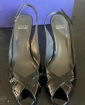 Stuart Weitzman Women's Black Patent Slingback Peekaboo Heels Size 9M EUC thumbnail 1