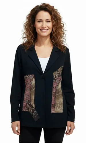 Picadilly Fashions Floral Patchwork Black Blazer Cardigan Size Medium thumbnail 1
