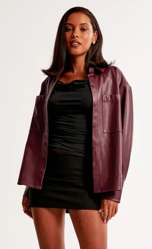 Abercrombie & Fitch Oversized Vegan Leather Shirt Jacket Burgundy Small thumbnail 1