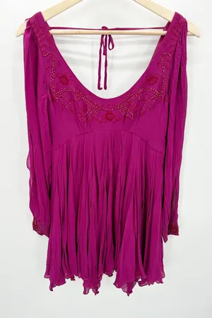 Free People Tatiana Purple Beaded Long Sleeve‎ Swing Mini Dress Women's Size 0 thumbnail 1
