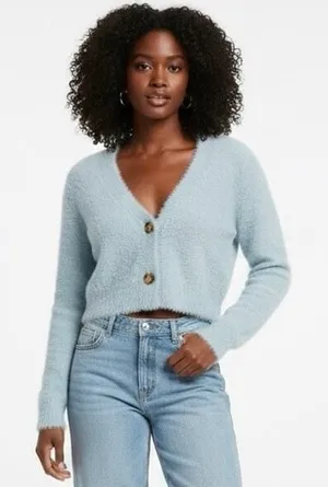 NWT Altar'd State Eyelash Knit Fuzzy Cardigan Sweater Baby Blue Cropped Size L thumbnail 1