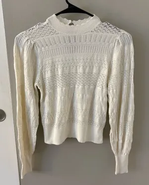 Abercrombie Pointelle Mock Neck Puff Sleeve Sweater in Cream thumbnail 1