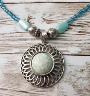 Vintage Necklace - Blue/Aqua/Turquoise Tone Beaded Necklace with Pendant thumbnail 2