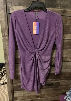 SHEIN Sparkly Purple Twist-Knot Long Sleeve Mini Dress thumbnail 1