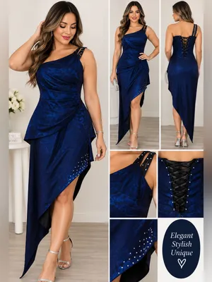Elegant One-Shoulder Navy Asymmetrical Dress thumbnail 2