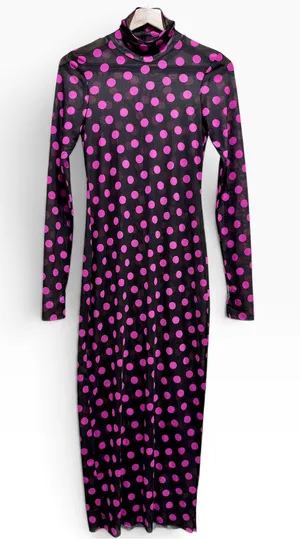 AFRM Black Pink Polka Dot Sheer Mesh Roll Neck Maxi Dress S thumbnail 1