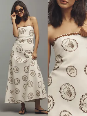 Kivari • Anthropologie Ciao Strapless Maxi Dress white linen print rickrack thumbnail 2