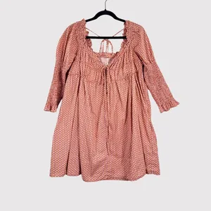Free People Mini Dress Red Star Dip Smocked Allover Print Loose A Line Large thumbnail 2