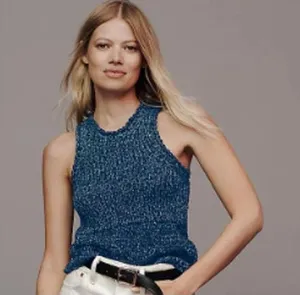 Pilcro Women Medium Marled Blue Cotton Knit Racerback Tank Top Pointelle Italy thumbnail 1