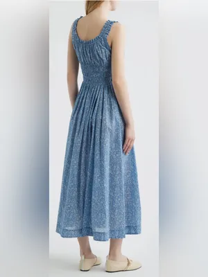 NEW DÔEN Ditsy Floral Organic Cotton Smocked Midi Blue Garden Bloom Dress sz XS thumbnail 2