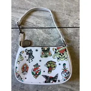 Ed Hardy NWOT White Tattoo Flash Baguette Shoulder Bag Y2K Tiger Skull Graphic thumbnail 4