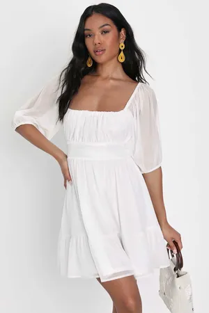 NWT Lulus Ethereal Arrival White Puff Sleeve Tie-Back Chiffon Mini Dress Size S thumbnail 1