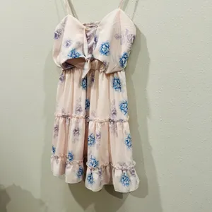 Floral Tie Front Tiered Ruffle Mini Dress Pink/Blue Rose Smocked Back Summer - L thumbnail 4