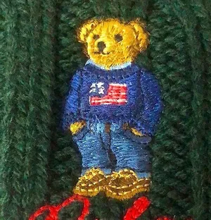 RALPH LAUREN Green Cable Knit Hat w/ Bear Wearing American Flag Sweater O/S NWT thumbnail 3