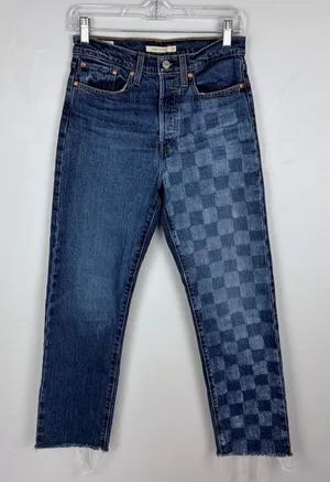 Levi's Wedgie Straight Jeans Checkerboard Blue Retro Indie Grunge Size 27‎ thumbnail 1
