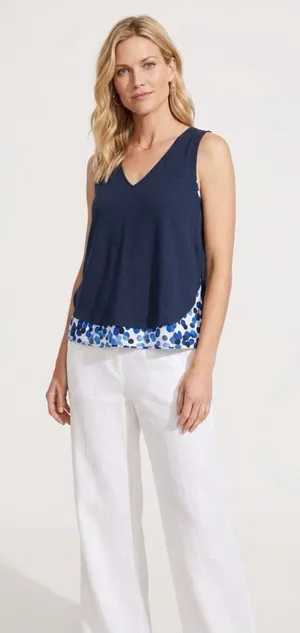 Deletta Navy V-Neck Tank with Blue Printed Hem thumbnail 1