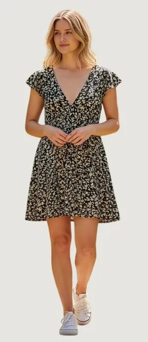 165 |Altar'd State Black Boho Cottagecore Floral‎ Ditsy Daisy V-Neck Small Dress thumbnail 1