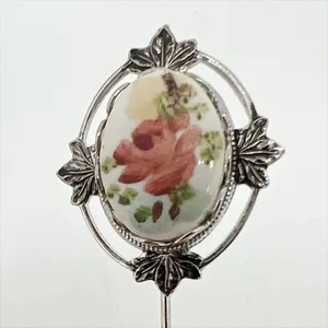 Vintage 1960s Silver Tone Floral Hand Painted Ceramic Plate Stick Pin Brooch thumbnail 2