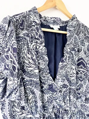 Sundance Paisley Ruffle Boho Viscose Pocketed Blue Print V-Neck Mini Dress thumbnail 4