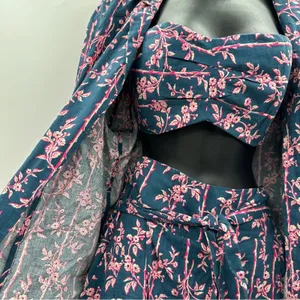 Free People Poolside Navy Blue & Pink Floral 3 Piece Set Sz‎ L thumbnail 6