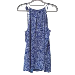 Ann‎ Taylor Tank Top Blue Paisley Boho Pleated Halter Neck Women Medium thumbnail 4