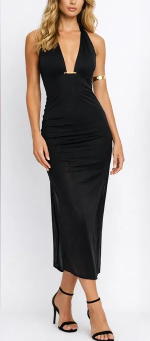 Caroline Constas Black Silk Halter Deep V Midi Dress Gold Bar Backless thumbnail 1