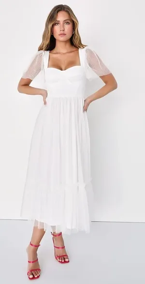 NWT Lulus Dreamy Celebration White Tulle Bustier Swiss Dot Midi Dress Bride XS thumbnail 1