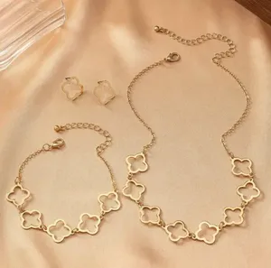 Boutique Clover Neckalce Bracelet Earring Set for Women 14K Gold Plated Stainless Steel thumbnail 6