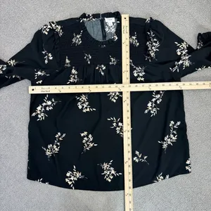 J. Crew Floral Smocked Ruffle Trim Blouse Black‎ Tan Large thumbnail 11