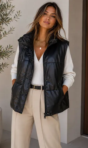 Azalea Wang Faux Leather Puffer Vest Black XL Snap Zip Oversized thumbnail 1