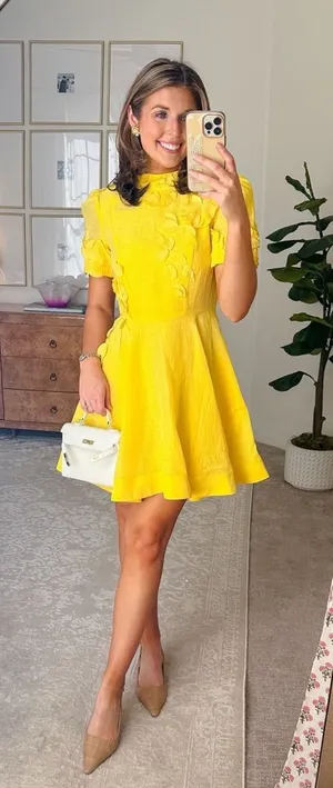 NWT Antonio Melani Iris‎ Linen Floral Appliqué Sunshine Yellow Mockneck Dress thumbnail 1