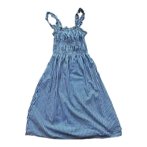 WHO WHAT WEAR Striped Smocked Maxi Dress Blue White Tie Strap Cotton XS thumbnail 2