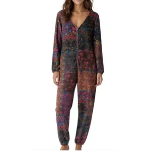 Natural Life Floral Soft Fleece Pajama Jumpsuit Large Zip-up Boho Cozy Colorful thumbnail 3