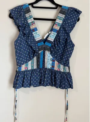 Free People Anthropologie Let me Be Patchwork Top Med Floral Boho V-Neck Tie Back thumbnail 1
