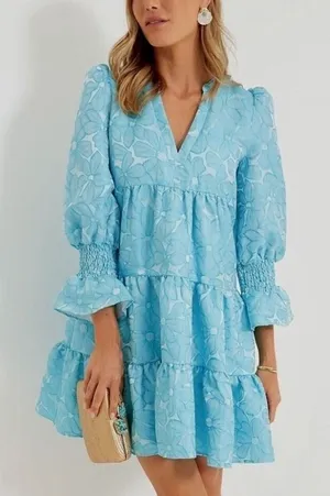 Pomander Place Blue Floral Jacquard Kenzo Tiered Mini Babydoll Dress‎ Medium NEW thumbnail 1