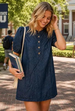 J. Crew Women's Puff-Sleeve Denim Popover Dress Blue Small Cotton Linen Preppy thumbnail 1