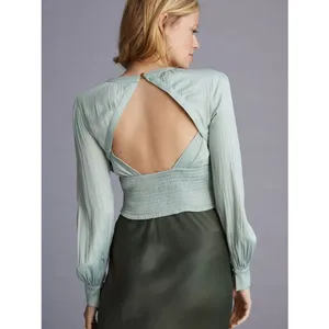 Anthropologie Sage Green Pleated Satin Open Back Blouse XXS Balloon Sleeve thumbnail 2