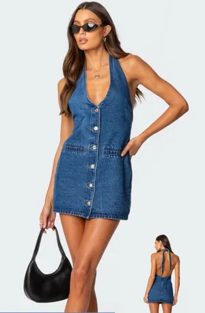 Edikted Denim Mini Dress Halter thumbnail 1