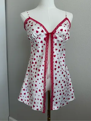 Y2K Victoria’s Secret Heart Print Fly Front Babydoll Slip Dress Lace Trim XS thumbnail 2