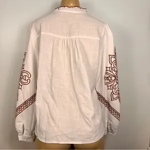 &Merci Embroidered Womens Top Blouse Sz M 100% Cotton White/Brown Puff Sleeves thumbnail 6