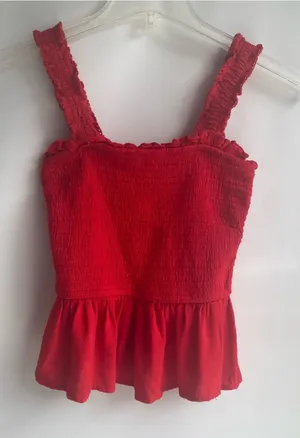 Japna red smocked tank top lace straps ruffle hem summer top shirt S thumbnail 1