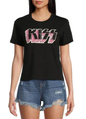 Gianni Bini NWT Women’s Sz M Rock Kiss Graphic Tee Shirt Black Pink Cotton Blend thumbnail 1