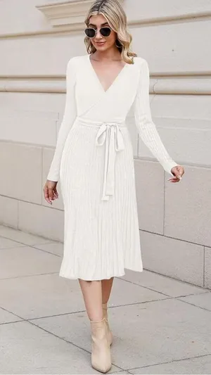 NEW Wrap Sweater Dress Long Sleeve Ribbed Knit Midi Dress NO Belt L thumbnail 5