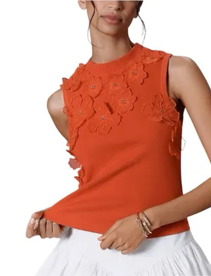 Anthropologie Sleeveless 3D Floral Appliqué Top Coral Orange Ribbed Tank Small thumbnail 1